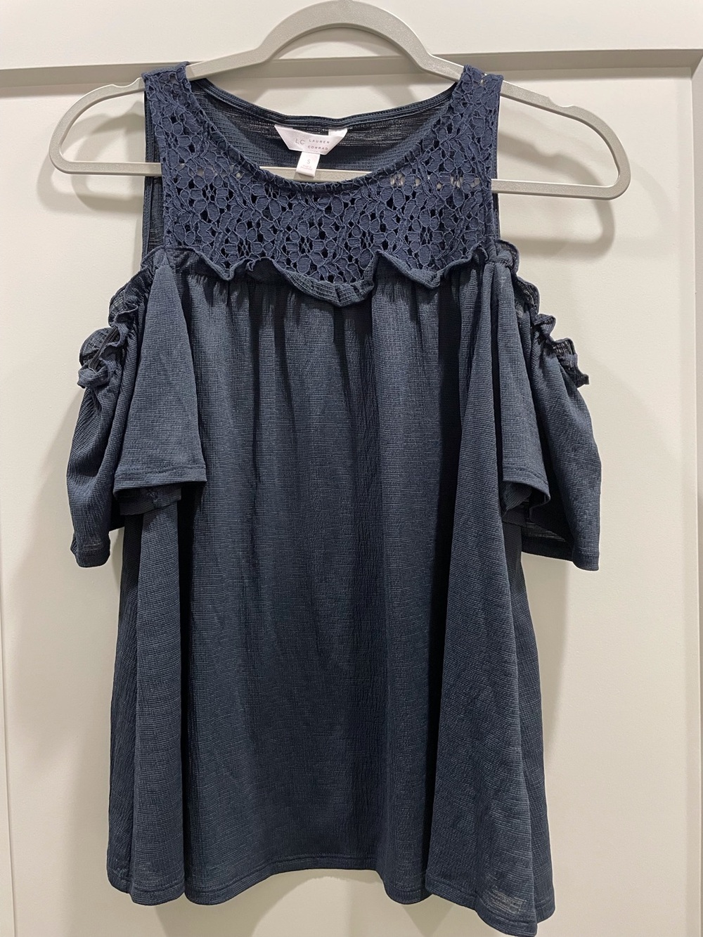 LC Lauren Conrad Dark Blue Crochet Yoke Cold-Shoulder Top